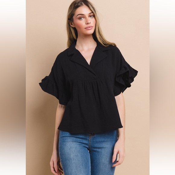 29 Boho Double Gauze Wide Collar Ruffle Sleeve Top - Picture 2 of 7